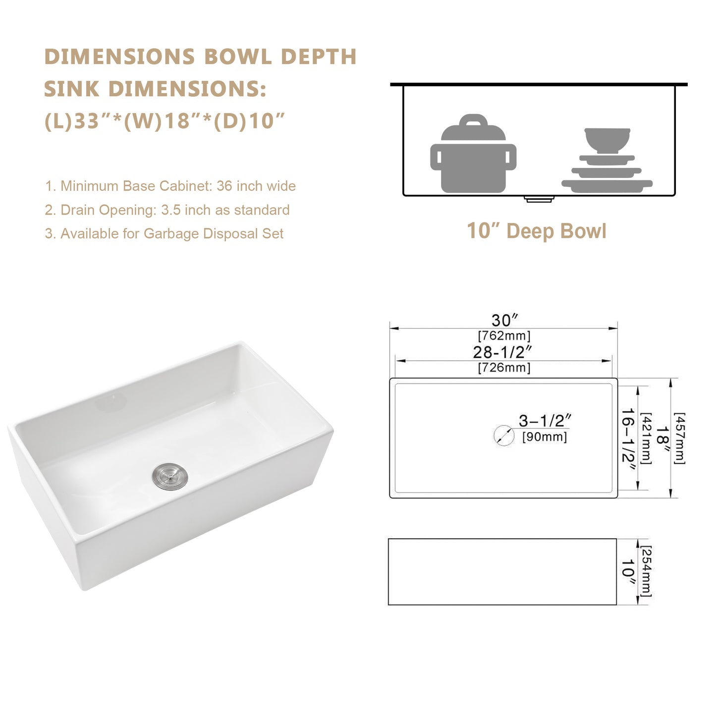 30" W X 18" D Farmhouse Kitchen Sink White Ceramic Reversible Design with Sink Grid Apron Front