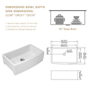 30'' W x 21'' D Farmhouse Kitchen Sink Thick White Ceramic with Drain Assembly Kichae USA