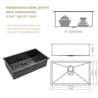 30'' W x 18'' D Undermount Kitchen Sink Gunmetal Black Single Bowl with Right Angle