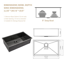 Load image into Gallery viewer, 30&#39;&#39; W x 18&#39;&#39; D Undermount Kitchen Sink Gunmetal Black Single Bowl with Right Angle
