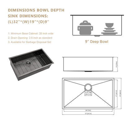 32'' W x 19'' D Undermount Kitchen Sink Gunmetal Black Single Bowl with Right Angle