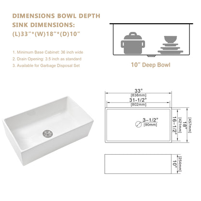 33" W X 18" D Farmhouse Kitchen Sink White Ceramic Single Bowl with Basin Rack Apron Front