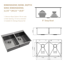 Load image into Gallery viewer, 33&quot; W x 22&quot; D Topmount Kitchen Sink Double Equal Bowl Gunmetal Black Right Angle
