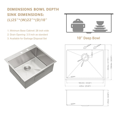 25" W x 22" D Topmount Kitchen Sink Bar Sink Stainless Steel Single Bowl Round Corner