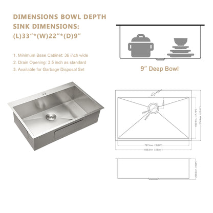 33" W x 22" D Topmount Kitchen Sink Single Bowl Stainless Steel 18 Gauge with Sink Grid