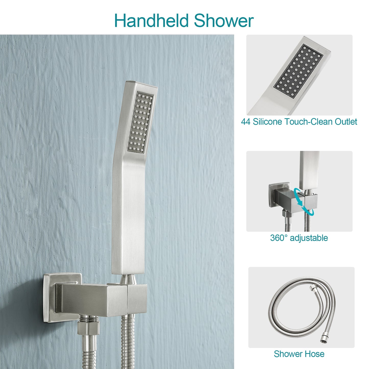 10 Inch Rainfall Square Shower System with Handheld Wall Mounted in Brushed Nickel (Valve Included)