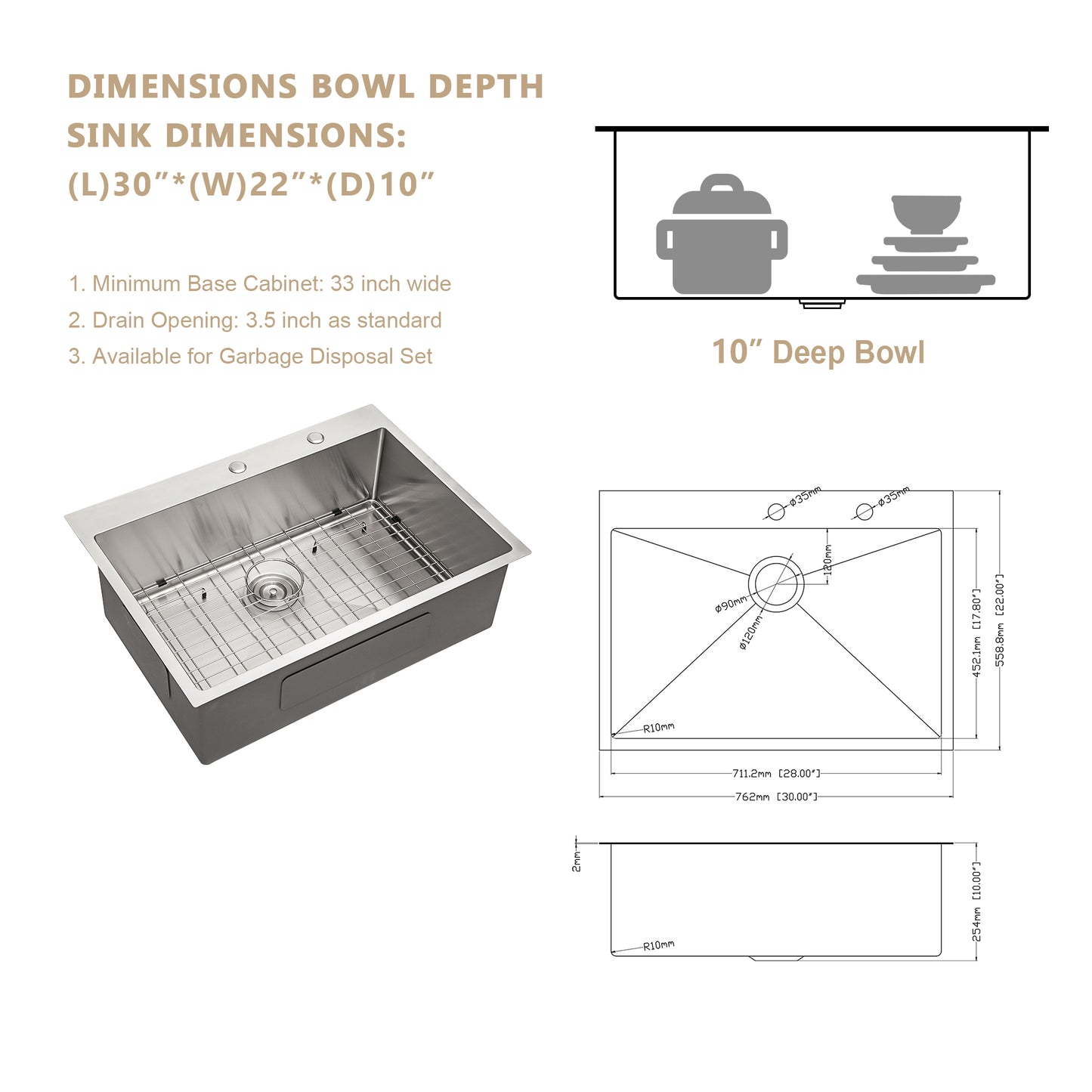 30" W x 22" D Topmount Kitchen Sink Stainless Steel Single Bowl with Bottom Grid