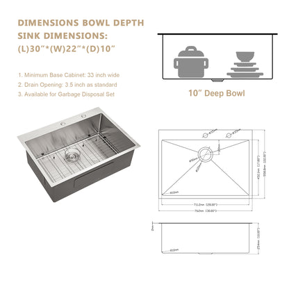 30" W x 22" D Topmount Kitchen Sink Stainless Steel Single Bowl with Bottom Grid