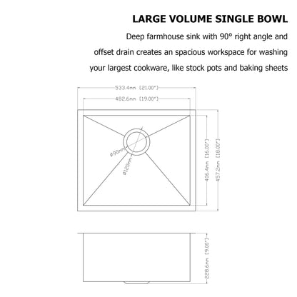 21" W x 18" D Undermount Kitchen Sink Stainless Steel Deep Single Bowl with Bottom Grid