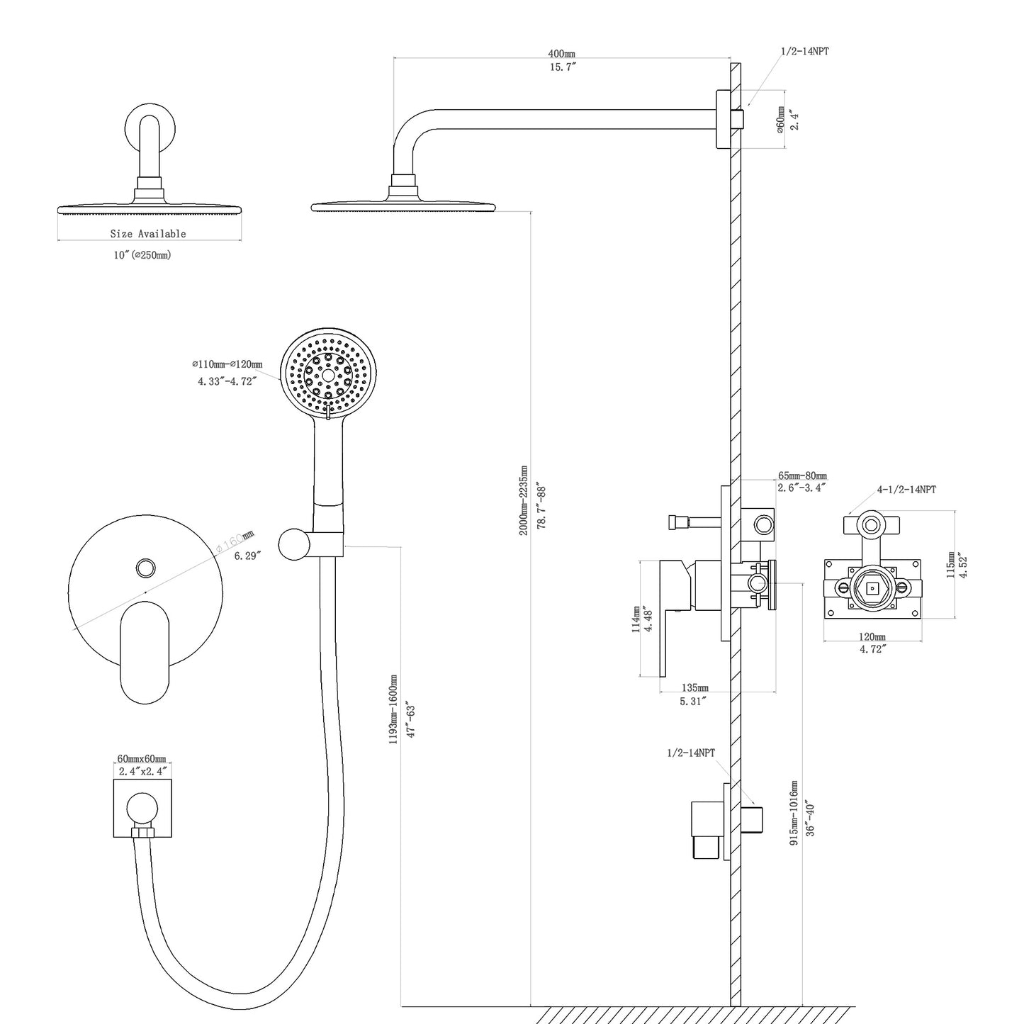 10 Inch Rainfall Round Shower System with Handhel Shower Wall Mounted (Valve Included)