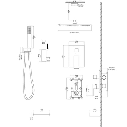 12 Inch Rainfall Square Shower System with Handheld Shower and Linear Faucet Ceiling Mounted (Valve Included)