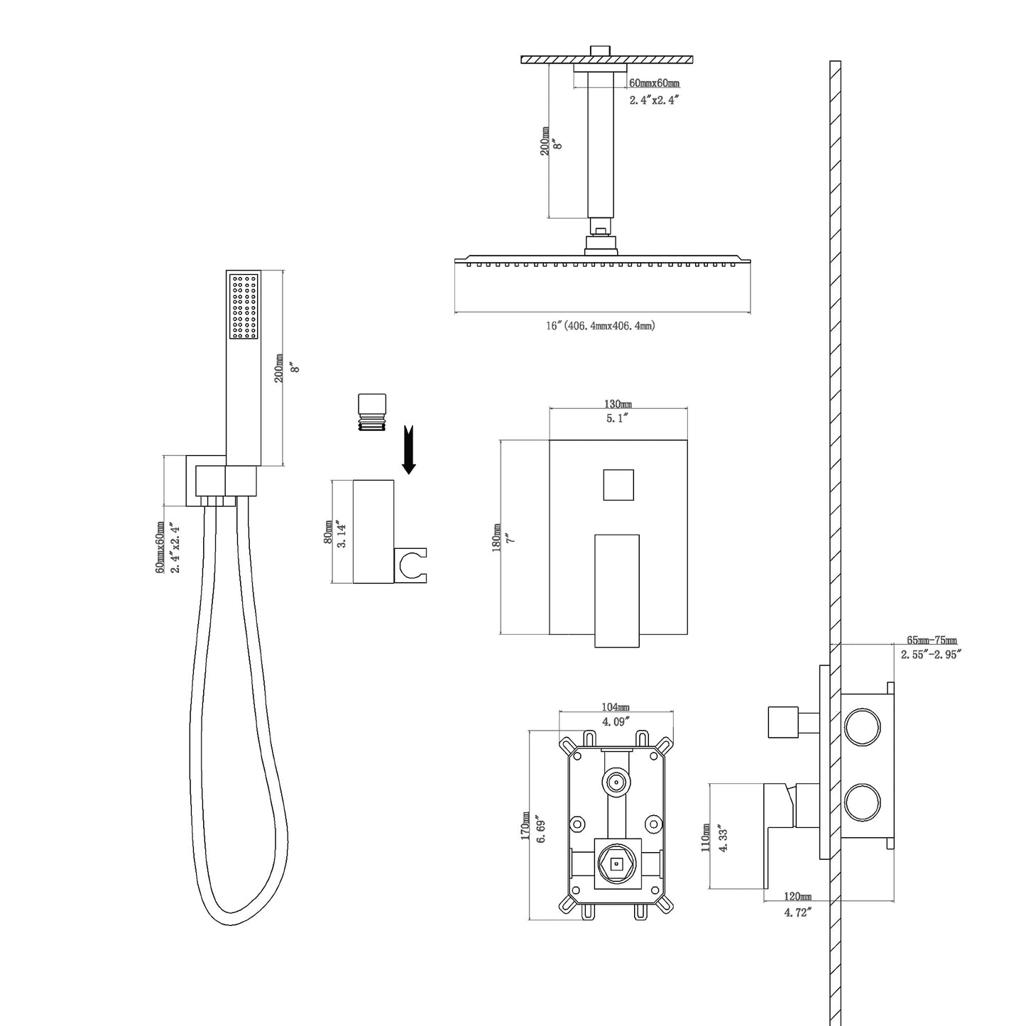 16 Inch Rainfall Square Shower System with Handheld Shower Ceiling Mounted (Valve Included)