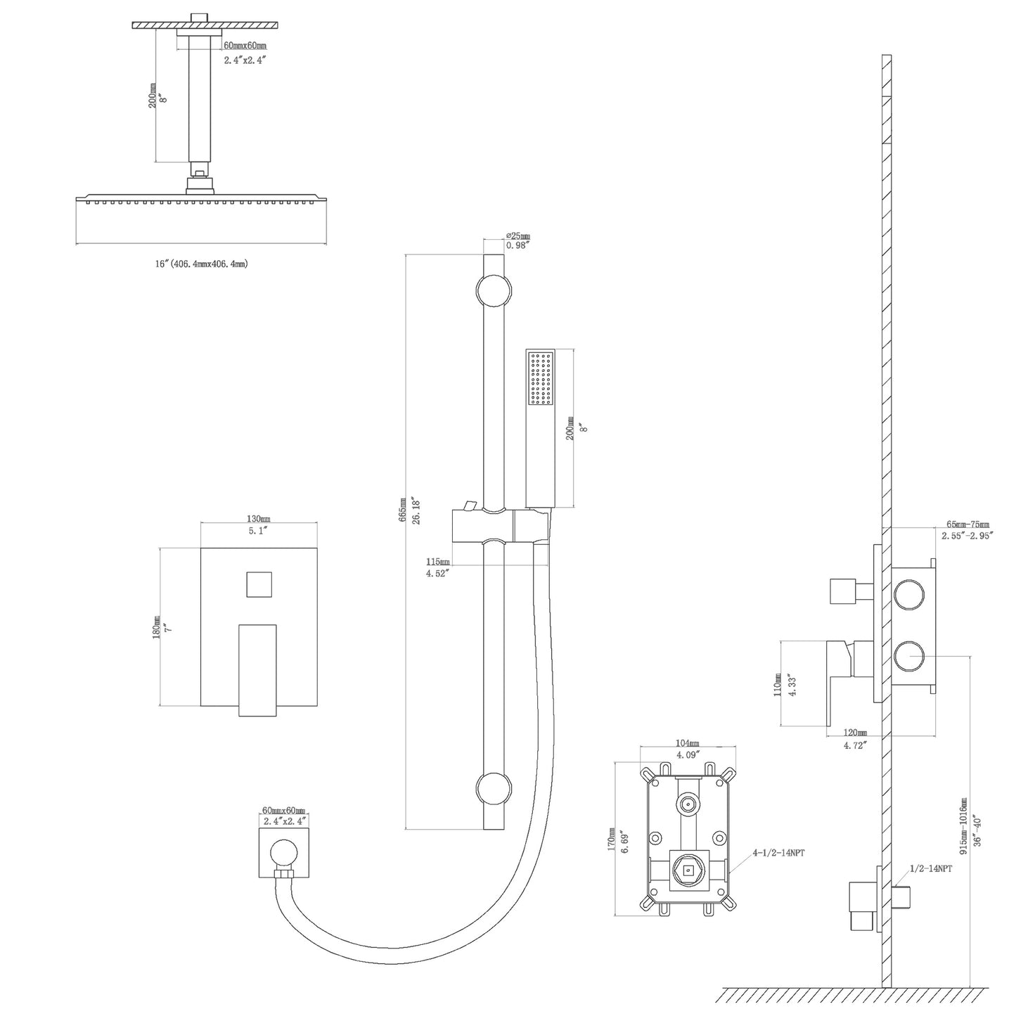 16 Inch Rainfall Square Shower System with Handheld Shower Ceiling Mounted (Valve Included)