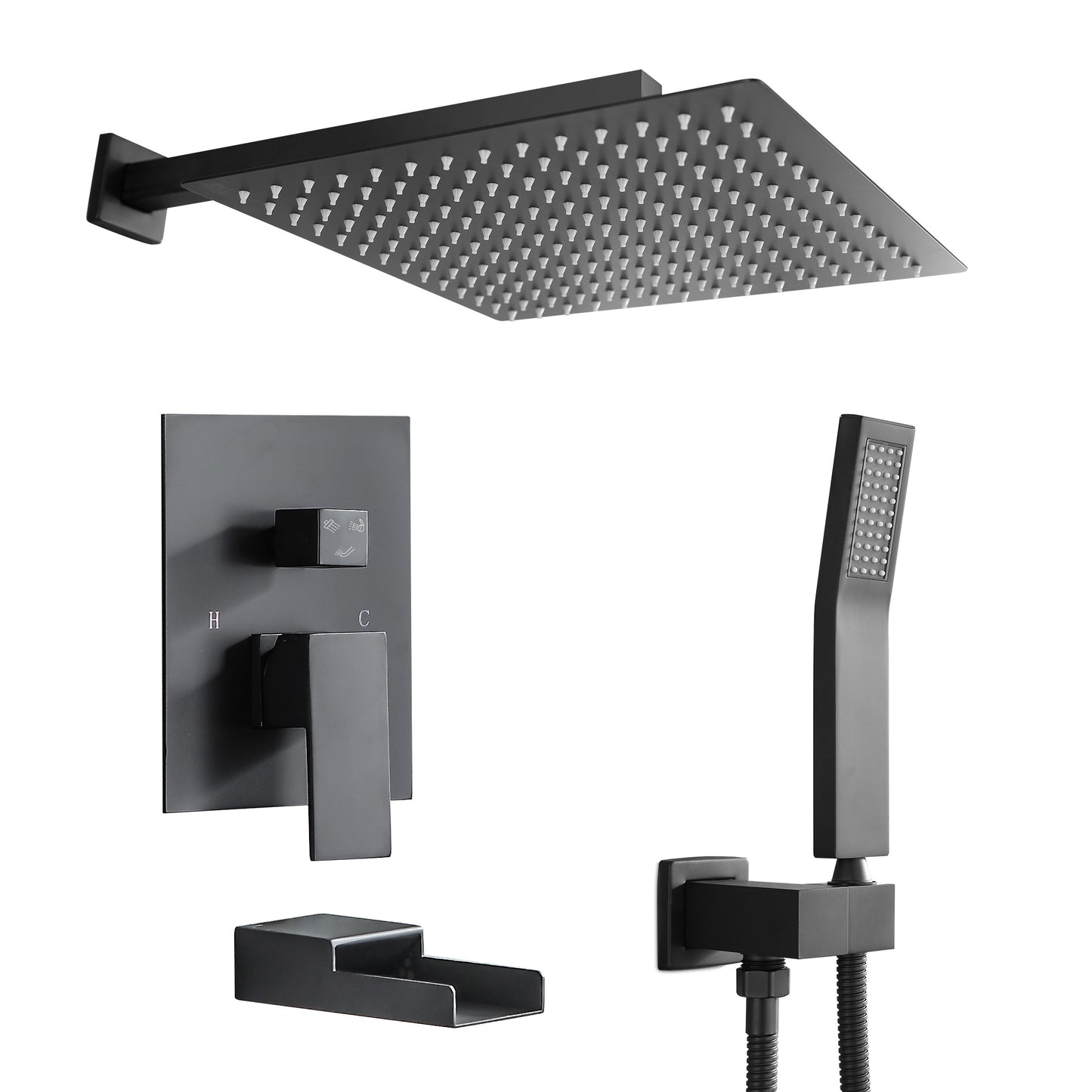 12 Inch Rainfall Square Shower System with Waterfall Faucet Wall Mounted (Valve Included)