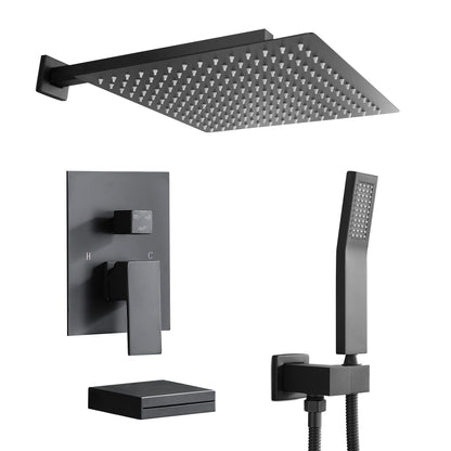 12 Inch Rainfall Square Shower System with Handheld Shower and Linear Faucet Wall Mounted(Valve Included)