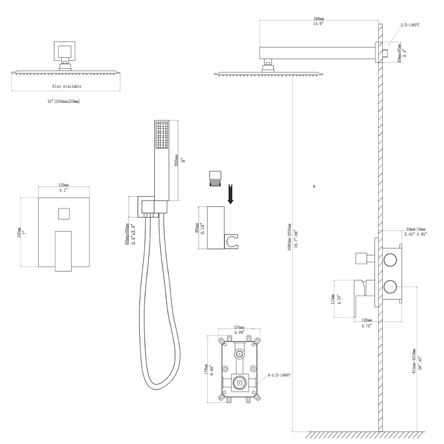 10 Inch Rainfall Square Shower System Wall Mounted in Oil Rubbed Bronze (Valve Included)