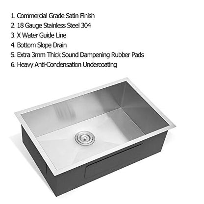 26" W x 18" D Undermount Kitchen Sink 18 Gauge Stainless Steel Deep Single Bowl with Sink Grid