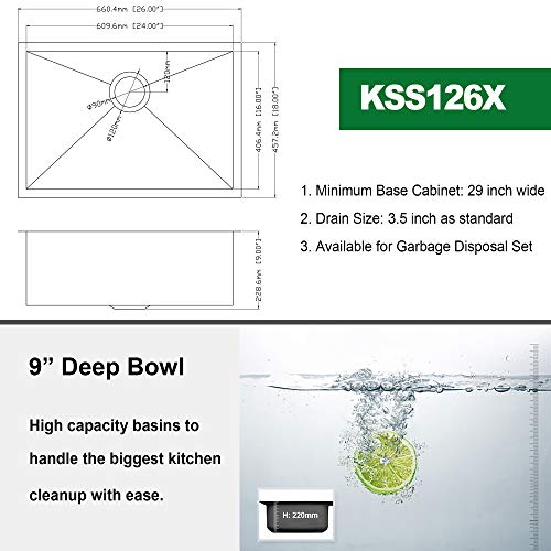 26" W x 18" D Undermount Kitchen Sink 18 Gauge Stainless Steel Deep Single Bowl with Sink Grid