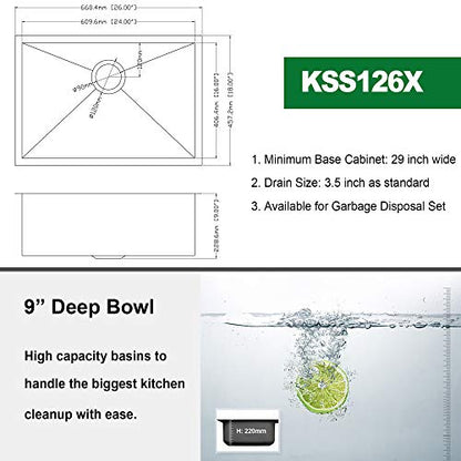 26" W x 18" D Undermount Kitchen Sink 18 Gauge Stainless Steel Deep Single Bowl with Sink Grid