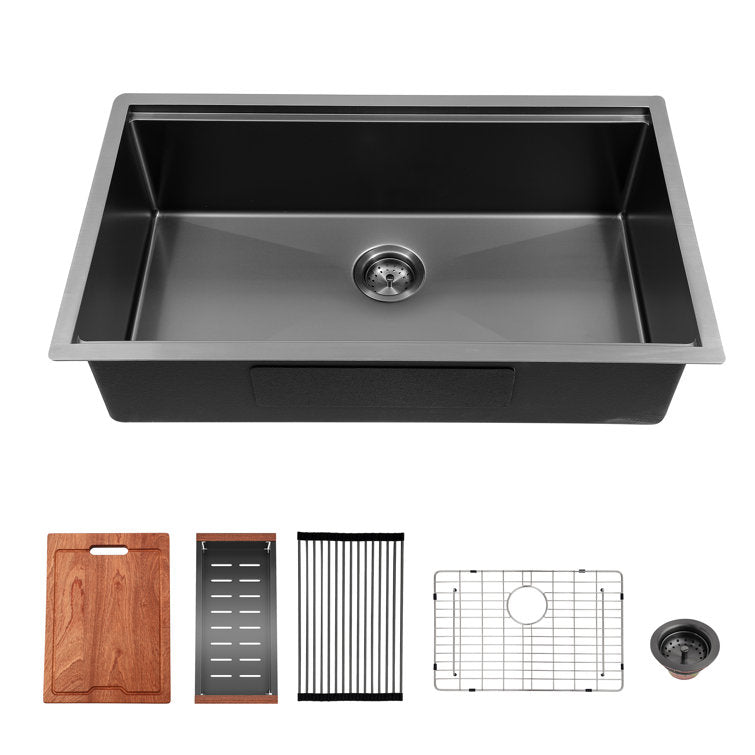 28'' W x 18'' D Undermount Kitchen Sink Worksation Sink Gunmetal Black Single Bowl Stainless Steel